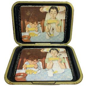 2 Metal Trays Rusty Norman Rockwell Who's Having More Fun Kids Corn Vtg READ‎